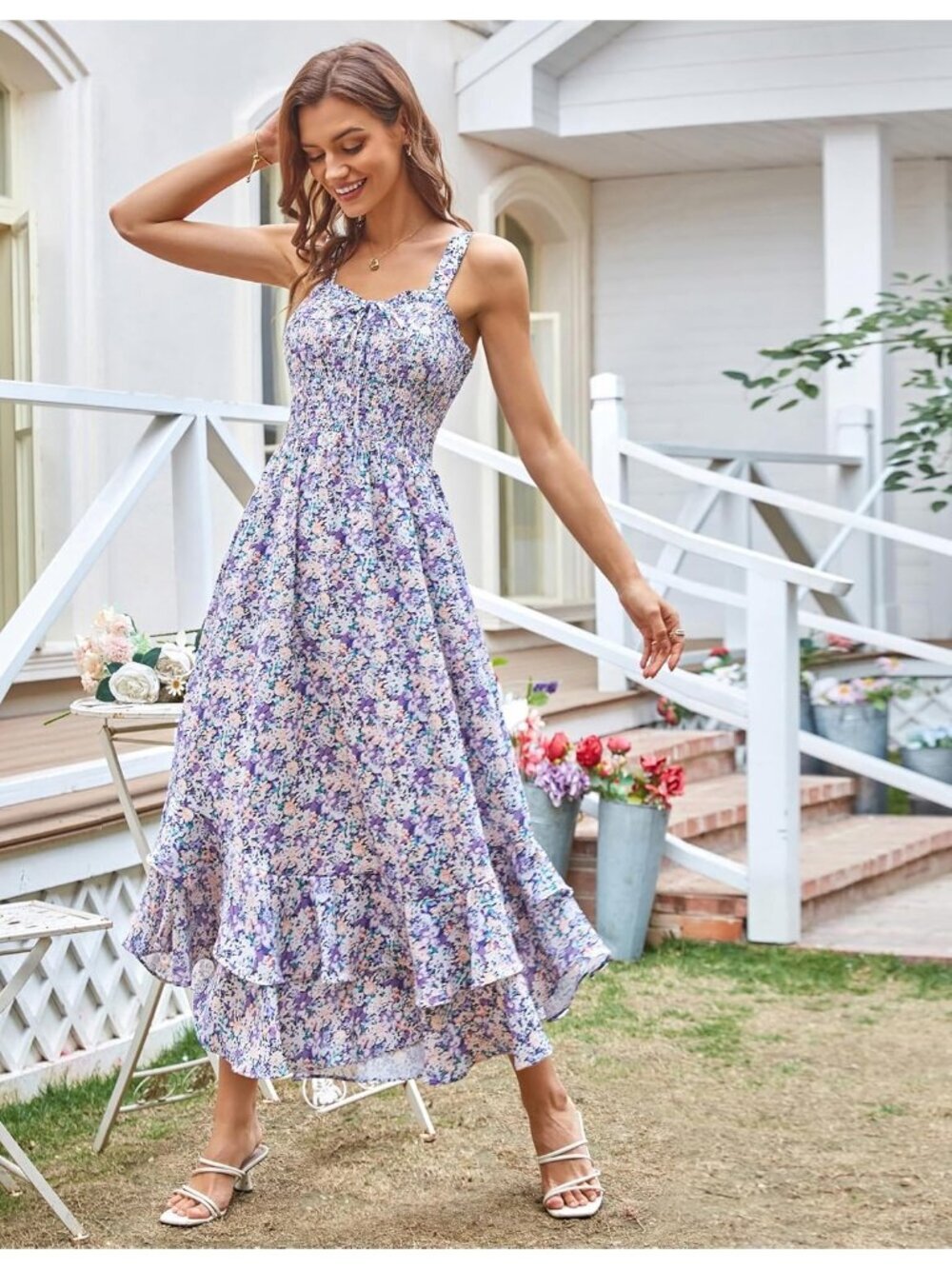 Women's Summer Floral Boho Dress Purple Floral Square Neck Strapped Swing A Line - Picture 2 of 5